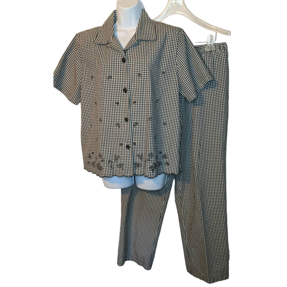 Draper's & Damon's Women's 2 pc Blouse & Pants Sz L Black White Gingham Check